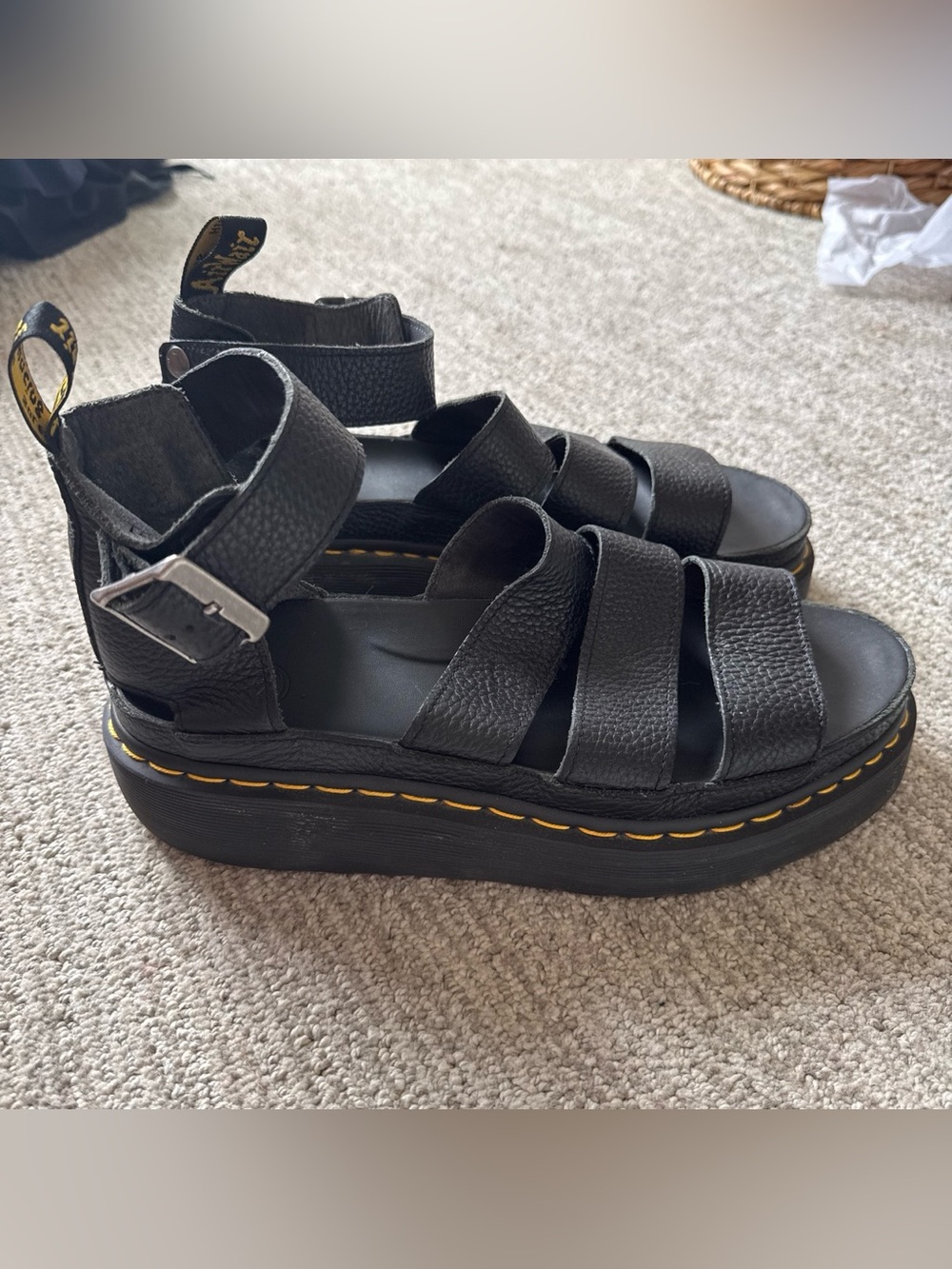Black Platform Strappy Sandals with Yellow Stitch Detail